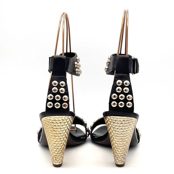 ASH Gold Studded Black Leather Ankle Cuff Heeled Strappy Sandals Size 38 | US 7 - Picture 11 of 16